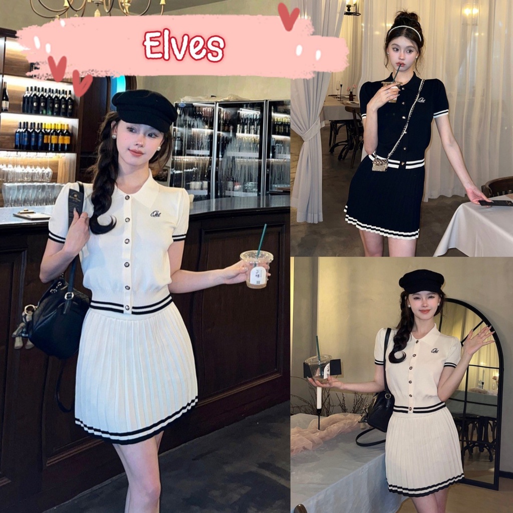 Elves พร้อมส่ง ชุดเซ็ท เสื้อแขนสั้นกระดุมหน้า กระโปรงไหมพรมผ้าพลีส ~7682+7682-1~ -C