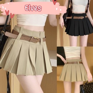 Elves✨พร้อมส่ง✨ กระโปรงเอวสูง ผ้าพลีสแถมเข็มขัด มีซับบางๆ ~2505~ -NZ-XM