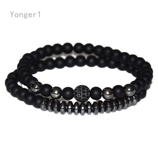 Yonger สร้อยข้อมือ กําไลข้อมือ หินลาวาธรรมชาติ ลูกปัดทองแดง สีดําด้าน 2 ชิ้น ต่อชุด