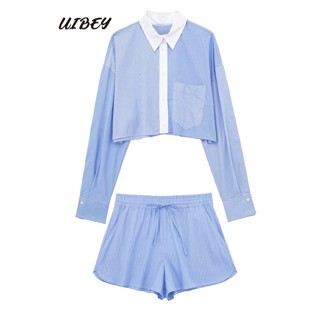 Uibey เสื้อเชิ้ตแขนยาว ลายทาง + กางเกงขาสั้น 8944