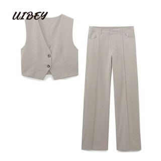 Uibey เสื้อกั๊ก คอวี กระดุมแถวเดียว สีพื้น + กางเกง 3330