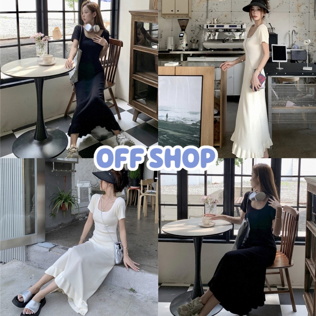 OFF SHOP พร้อมส่ง (OFF-9A129) ชุดเดรสไหมพรมกระโปรงยาว แขนสั้นเรียบง่ายสไตล์เกาหลี -C