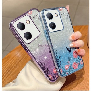 เคสโทรศัพท์มือถือแบบนิ่ม TPU บางมาก กันกระแทก ลายดอกไม้ กลิตเตอร์ ไล่โทนสี เรียบง่าย สําหรับ Vivo Y36 Y27 VivoY36 VivoY27 4G 5G 2023