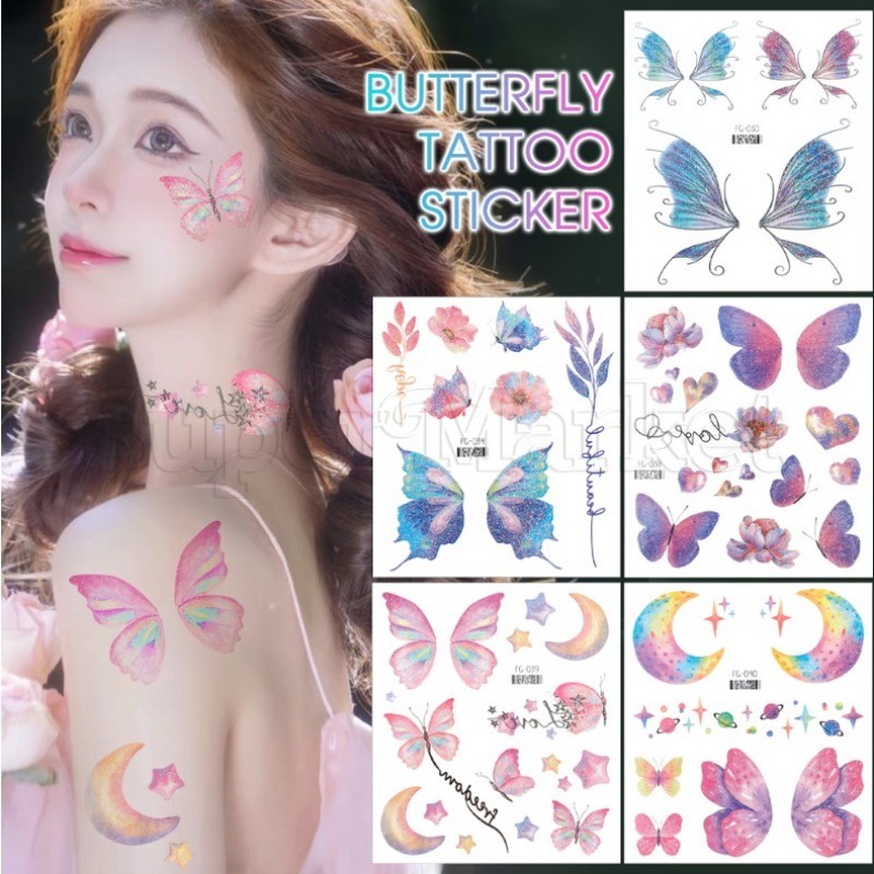 [ Featured ] สติกเกอร์รอยสักชั่วคราว ลายผีเสื้อ ประกายแวววาว / แผ่นแปะรอยสักบนใบหน้าชั่วคราว / รอยสักปลอมบนร่างกาย กันน้ํา / DIY ดอกไม้ ดวงจันทร์ พาสเตอร์ / การตกแต่งเทศกาลดนตรี / สติกเกอร์คอสเพลย์