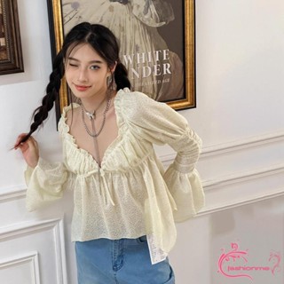 Fashionme-เสื้อยืดผู้หญิง เสื้อเชิ้ตแฟชั่น เสื้อเชิ้ตแขนยาว พัฟ สไตล์เกาหลี เสื้อลูกไม้ แต่งระบาย ฤดูใบไม้ร่วง หรูหรา เสื้อผู้หญิง