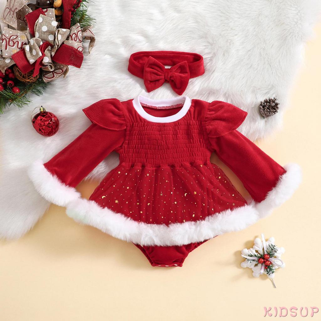 Kidsup1- ชุดรอมเปอร์แขนยาว ประดับเลื่อม ลายดาว คริสต์มาส และที่คาดผมน่ารัก สําหรับเด็กทารกผู้หญิง วัยหัดเดิน 2 ชิ้น