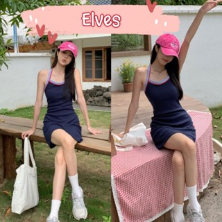 Elves✨พร้อมส่ง✨ ชุดมินิเดรสไหมพรมผ้ายืด สีน้ำเงินเข้ม ~8K91-1~ -C