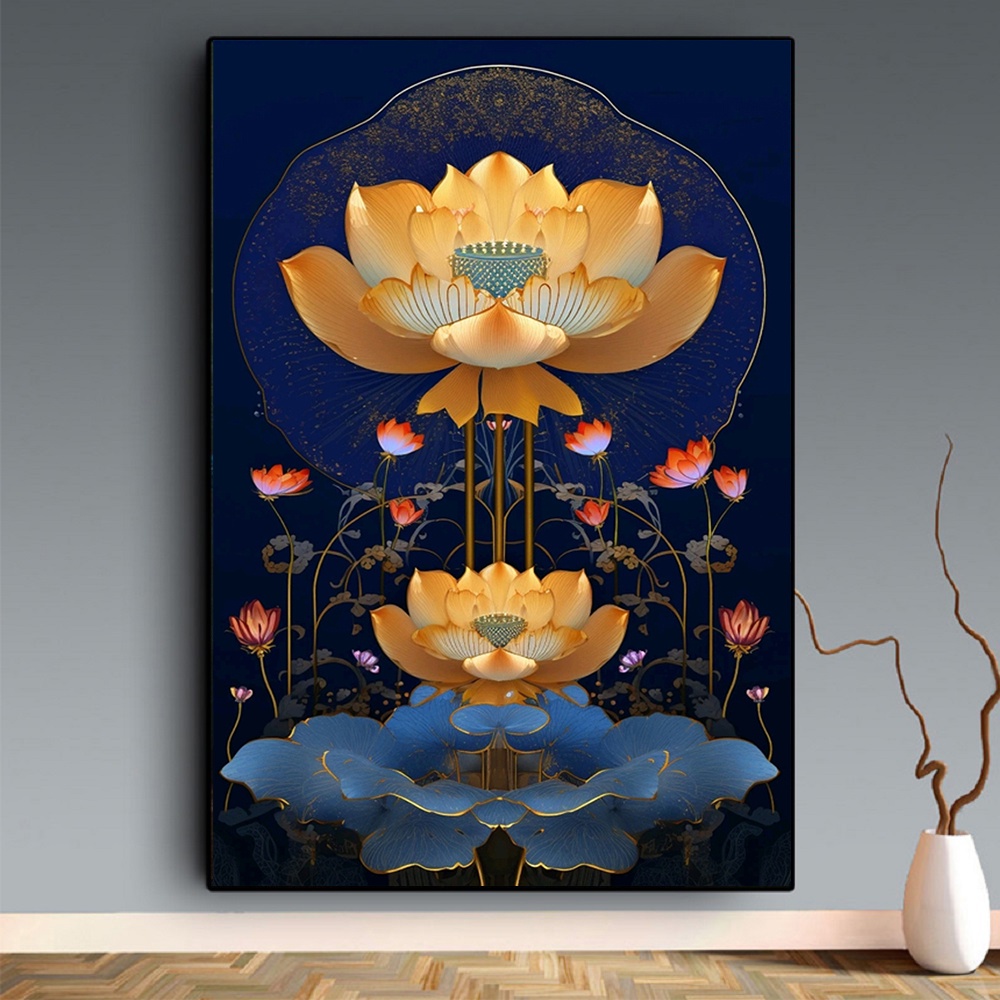 ดอกบัวที่มีสีสันผ้าใบจิตรกรรมตกแต่งบ้านที่สวยงามผนังศิลปะภาพพุทธศาสนา - รูปที่ 2
