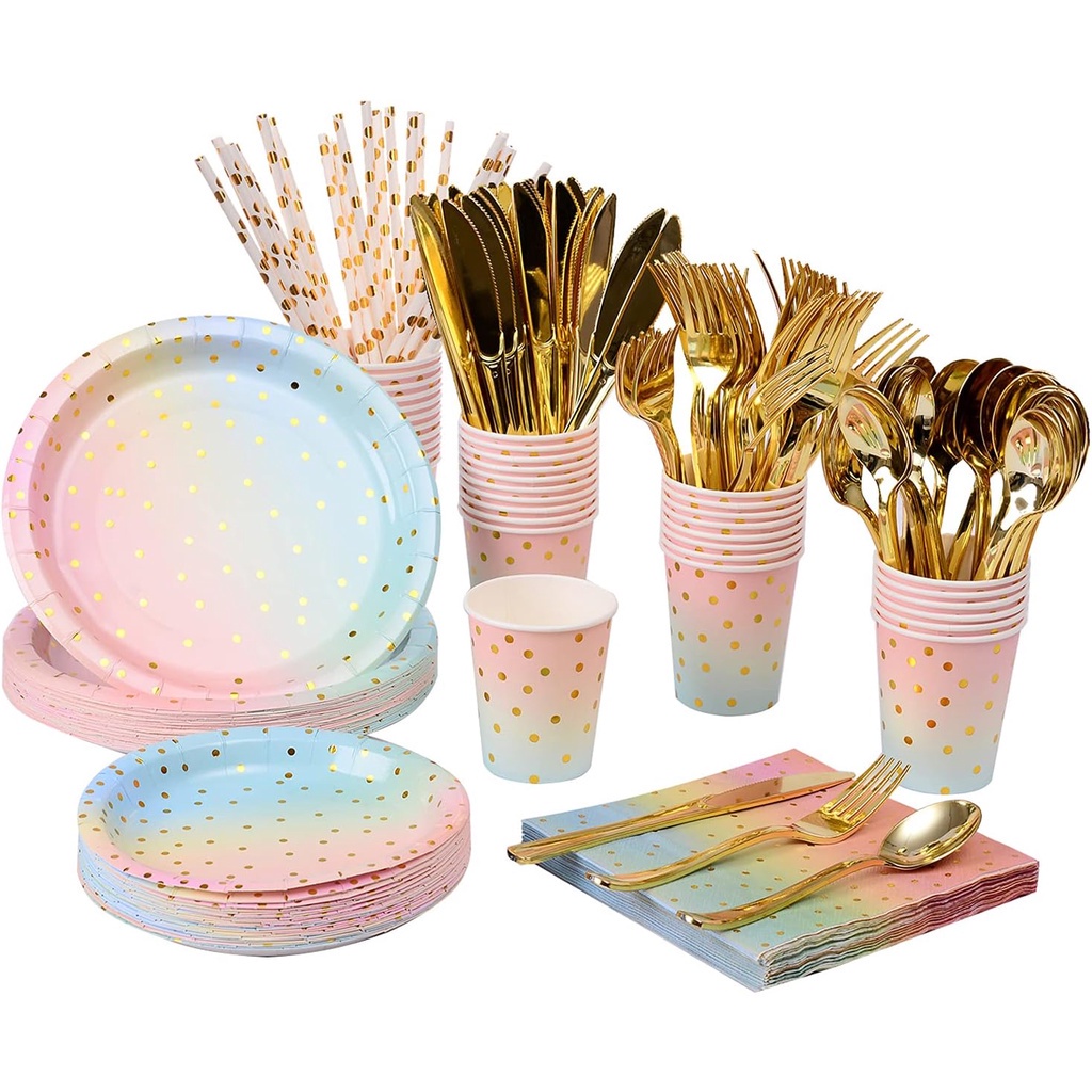 Kr Rainbow Pastel Party Supplies ชุด-กระดาษแบบใช้แล้วทิ้งอาหารเย็นเสิร์ฟ 25, แผ่นกระดาษสีพาสเทลผ้าเช็ดปากถ้วย & ชุดเครื่องเงินพลาสติกสีทองสําหรับ Wed