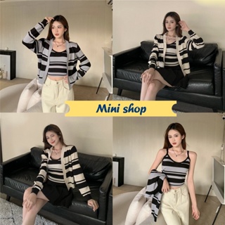 Mini shop🌸พร้อมส่ง🌸 (V031-2) เซ็ท สายเดี่ยวลายทาง+เสื้อคลุมลายทาง ผ้าไหมพรม2สี -C