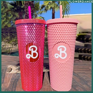 【Barbies Movie】สีชมพู Barbi Cup Diamond Studded Double Wall Tumbler นำกลับมาใช้ใหม่ได้ Bling 24oz พร้อมฟางถ้วยทุเรียนดอกไม้