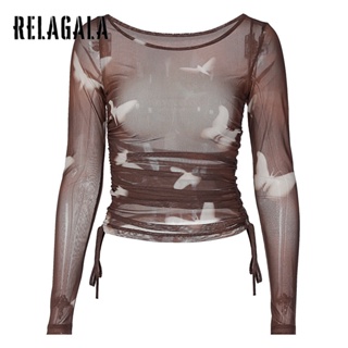 Relagala ใหม่ เสื้อยืดลําลอง แขนสั้น ผ้าตาข่าย พิมพ์ลาย เซ็กซี่ แฟชั่นสําหรับสตรี 2023