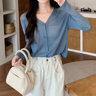 3683#针织衫女开衫外套长袖T恤春秋款薄小镂空上衣2023年新款
