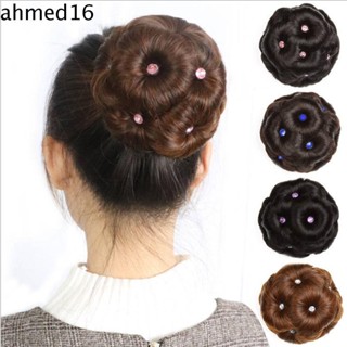 Ahmed ซาลาเปาสังเคราะห์ คริสตัล สีน้ําตาล เก้าดอก Chignon โดนัท อินเทรนด์ ผมปลอมธรรมชาติ ผมหยิก Chignon ผู้หญิง