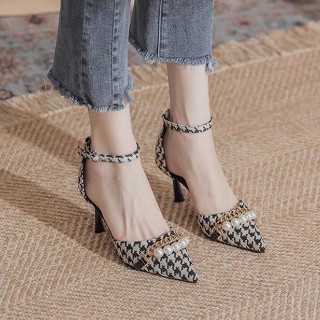 Houndstooth ใหม่ รองเท้าส้นสูง หัวแหลม ประดับไข่มุก แต่งสายรัดข้อเท้า แฟชั่นฤดูใบไม้ผลิ ฤดูใบไม้ร่วง สําหรับผู้หญิง 2023 YYVG