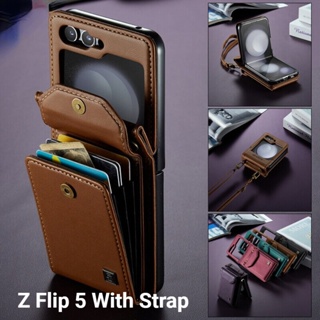 เคสหนัง ฝาพับ พร้อมช่องใส่บัตร และสายคล้อง หรูหรา สําหรับ Samsung Galaxy Z Flip 5 5G