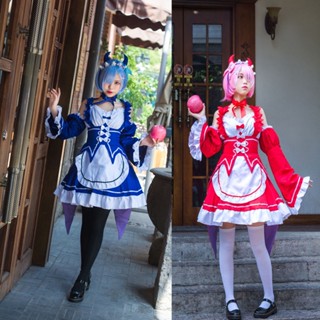 Re Zero Ram Rem ชุดคอสเพลย์ปีศาจ ชุดแม่บ้าน ฮาโลวีน สําหรับผู้หญิง