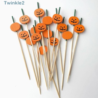 Twinkle ส้อมจิ้มผลไม้ ธีมฮาโลวีน รูปฟักทอง แบบไม้ ขนาดเล็ก 12 ซม. แบบใช้แล้วทิ้ง สําหรับตกแต่งคัพเค้ก ขนมหวาน 100 ชิ้น