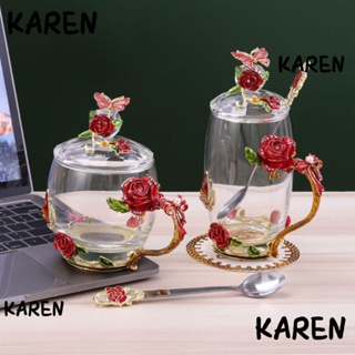 Karen แก้วมักเคลือบ ลายดอกกุหลาบ สีแดง ทนความร้อน แฮนด์เมด สีฟ้า ของขวัญแต่งงาน