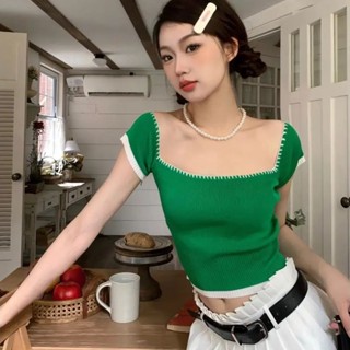 Milyfashion เสื้อเปิดไหล่ข้างเดียว ผ้าถักนิตติ้ง คอต่ํา ขนาดเล็ก เซ็กซี่ เรียบง่าย