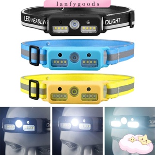 Lanfy ไฟฉายคาดศีรษะ เซนเซอร์จับการเคลื่อนไหว ABS 3 สี กันน้ํา XPE+COB LED ชาร์จ USB สําหรับตั้งแคมป์