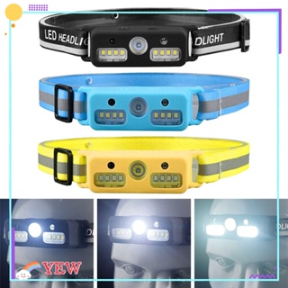 Yew ไฟฉายคาดศีรษะ ABS เซนเซอร์จับการเคลื่อนไหว ชาร์จ USB แบบพกพา XPE+COB LED 3 สี