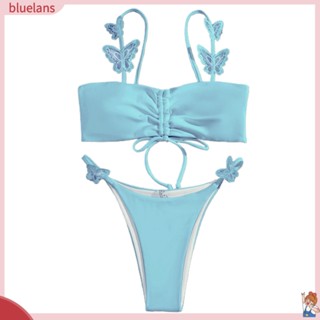 Blu ชุดว่ายน้ํา บิกินี่ เอวสูง ปักลายผีเสื้อ สีพื้น สําหรับผู้หญิง