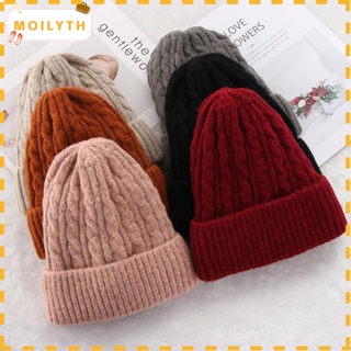 Moilyth หมวกบีนนี่ ผ้าขนสัตว์ถัก สีพื้น นุ่ม หย่อนคล้อย สําหรับผู้หญิง ผู้ชาย