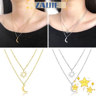 Zaijie24 สร้อยคอโซ่ สเตนเลส หลายชั้น จี้ดวงจันทร์ ดวงอาทิตย์ โทเท็ม เชื่อมโยงโซ่ ผู้หญิง