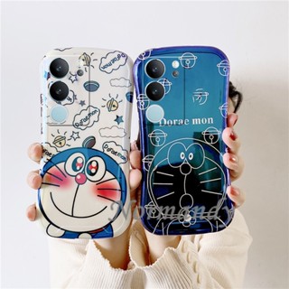 ใหม่ เคสโทรศัพท์มือถือแฟชั่น ลายการ์ตูนโดราเอมอนน่ารัก แต่งแสงสีฟ้า พร้อมขาตั้งพับได้ สําหรับ VIVO V29 V27 V25 Pro Y76 X90 X80 Pro 5G 2023