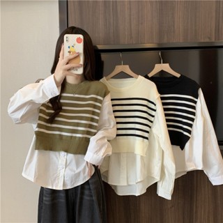 JJ Shop​💜​พร้อมส่ง เสื้อไหมพรมคอกลม แขนยาวผ้าชีฟอง สไตล์เกาหลี "M1352-1" -C
