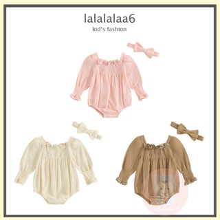 Laa6 ชุดบอดี้สูท แขนยาว คอสี่เหลี่ยม แต่งขอบลูกไม้ พร้อมที่คาดผม สีพื้น สําหรับเด็กผู้หญิง