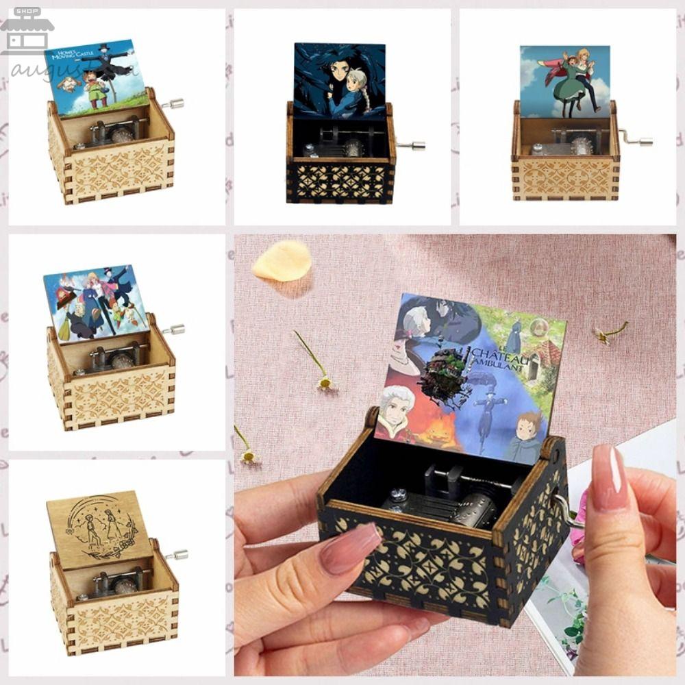 Augustina Howl's Moving Castle กล่องดนตรีไม้ พิมพ์ลายปราสาท สไตล์วินเทจ สีดํา น้ําตาล ของขวัญวันวาเลนไทน์