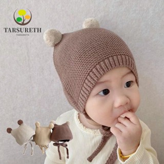 Tarsureth หมวกถัก ผ้าฝ้าย ปอมปอม สีพื้น ป้องกันหู สําหรับเด็กทารก 4-28 เดือน