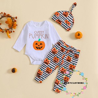 Babyclothes- ชุดรอมเปอร์ แขนยาว ลายฟักทอง ฮาโลวีน พร้อมกางเกงลายทาง และหมวก สําหรับเด็กทารก