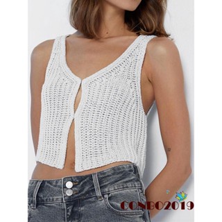 Hgm- ผู้หญิง ฤดูร้อน ลําลอง Cami ท็อปส์ สีพื้น แขนกุด เสื้อกล้าม คอวี ถัก เสื้อ