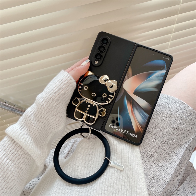 สาวแฟชั่นซิลิโคนแหวนสร้อยข้อมือการ์ตูน KT กระจกแมวเคสโทรศัพท์สําหรับ Samsung Galaxy Z พับ 6 5 4 3 2 Fold4 Fold3 fold5 5G กันกระแทกฝาครอบโทรศัพท์