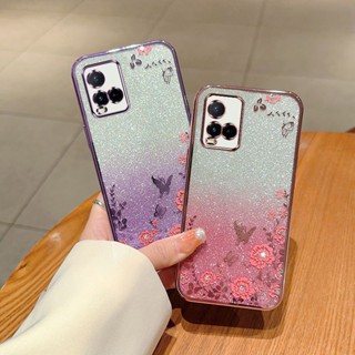 เคสโทรศัพท์มือถือ ซิลิโคนนิ่ม TPU กันกระแทก ลายดอกไม้ แต่งกลิตเตอร์ ไล่โทนสี สําหรับ Vivo Y21 Y21t Y21s Y21a Y33s Y33t 4G VivoY21 2022 2021