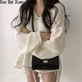 Ruo Bei Xuan เสื้อกันหนาว คอวี ทรงหลวม สไตล์เกาหลี แฟชั่นเรโทร สําหรับผู้หญิง