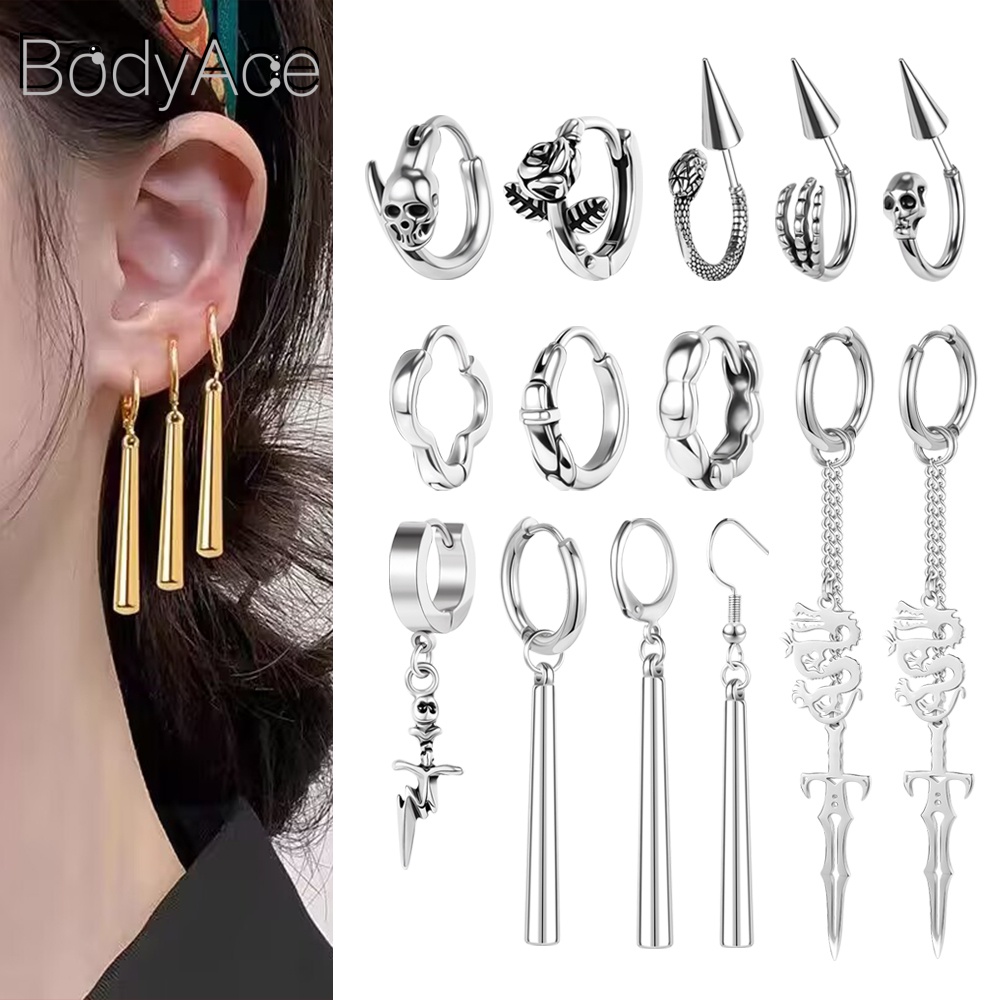 Bodyace 1 ชิ้น สเตนเลส กะโหลก ห่วง ต่างหู พังก์ ไม้กางเขน จี้ ต่างหู โกธิค ฮิปฮอป ตะขอ ต่างหูงู หล่น