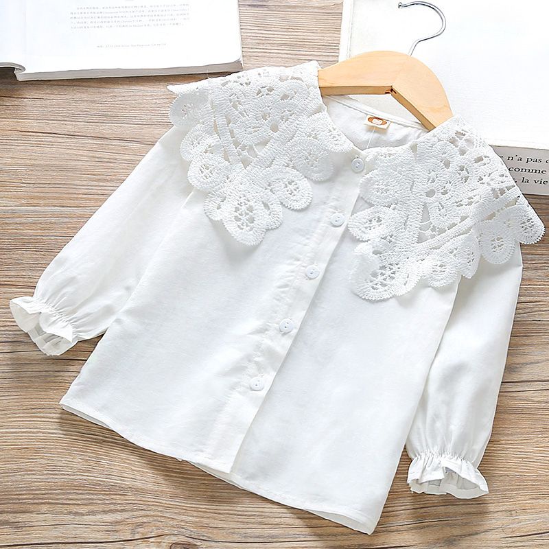 เสื้อเชิ้ตแขนยาว คอตุ๊กตา แต่งลูกไม้ สีขาว สไตล์เกาหลี สําหรับเด็กผู้หญิง อายุ 1-11 ปี 100-150 ปี
