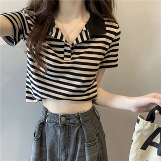 เสื้อยืดทรงโปโล เอวสูง ลายทาง แฟชั่นสําหรับผู้หญิง