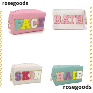 Rosegoods1 กระเป๋าเครื่องสําอาง หนัง PU มีซิป ขนาดใหญ่ จุของได้เยอะ แบบพกพา ปักลายตัวอักษร สําหรับเด็กผู้หญิง