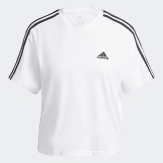 adidas ไลฟ์สไตล์ เสื้อครอปผ้าซิงเกิลเจอร์ซีย์ Essentials 3-Stripes ผู้หญิง สีขาว HR4915