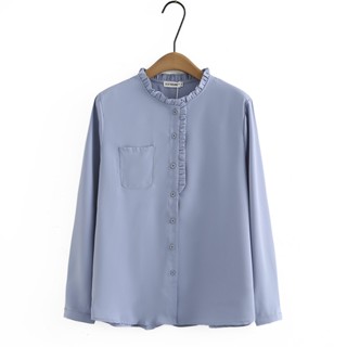 เสื้อเบลาส์แขนยาว คอปกตั้ง ขนาดใหญ่ สีพื้น หรูหรา สีฟ้า และสีขาว แฟชั่นสําหรับผู้หญิง