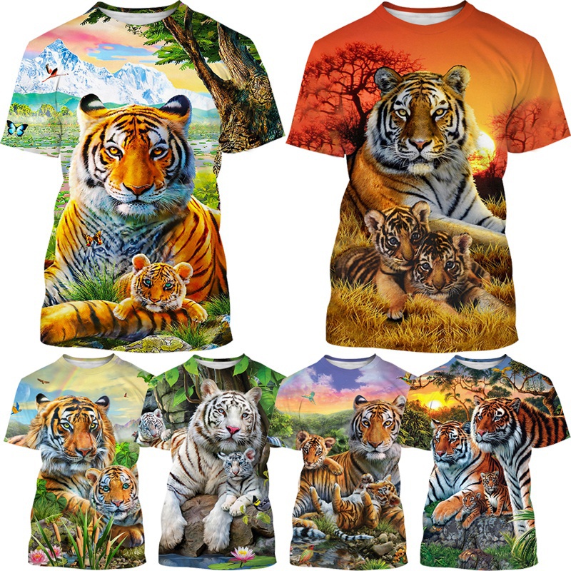 ใหม่ เสื้อยืดคอกลม แขนสั้น พิมพ์ลายสัตว์ เสือ 3 มิติ สําหรับผู้ชาย