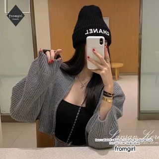 เสื้อกันหนาว คอกลม แขนสั้น ทรงหลวม มีซิป