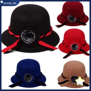 Jeanlan Fedoras หมวกโบลเลอร์ ผ้าขนสัตว์ ลายดอกไม้ สีพื้น สไตล์เรโทร ฤดูใบไม้ร่วง ฤดูหนาว สําหรับผู้หญิง