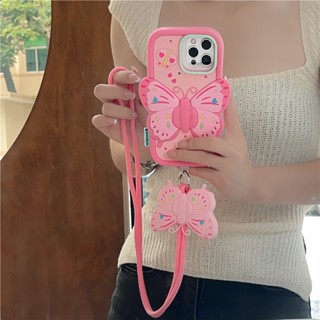 ใหม่ เคสป้องกันโทรศัพท์มือถือซิลิโคน ลายผีเสื้อ สีชมพู พร้อมสายคล้อง สําหรับ Apple Iphone 14 11 13 12 pro max 13ProMax 11 12ProMax 14Pro