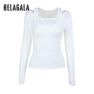 Relagala เสื้อยืดลําลอง แขนยาว ผ้าถัก สีพื้น เรียบง่าย แฟชั่นใหม่ สําหรับสตรี 2023